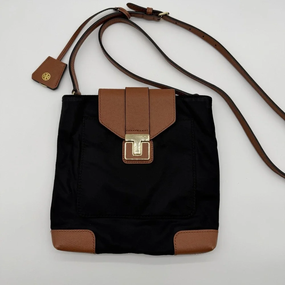Tory Burch Penn Black Nylon Leather Crossbody With Logo Tag Gold Tone Hardware